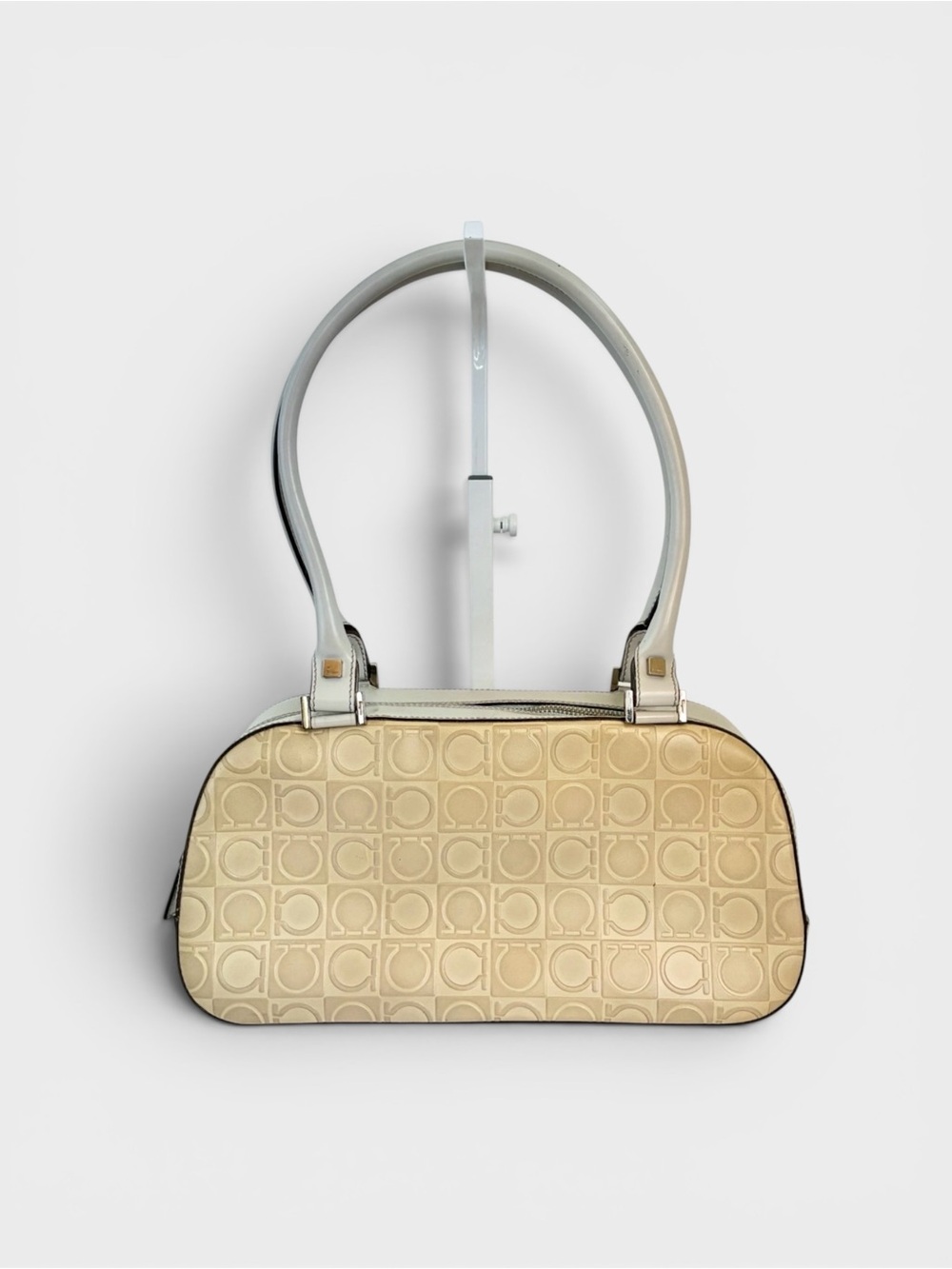 Salvatore Ferragamo Gancini Embossed Ivory Shoulder Bag Leather Vintage